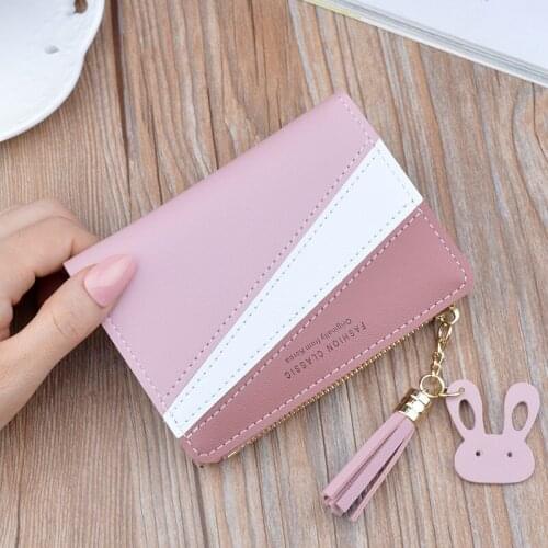 Women Wallet Patchwork Design Small Zipper Coin Purse Tassel Decoration Wallets Simple Card Holder Contrast Color PU Leather