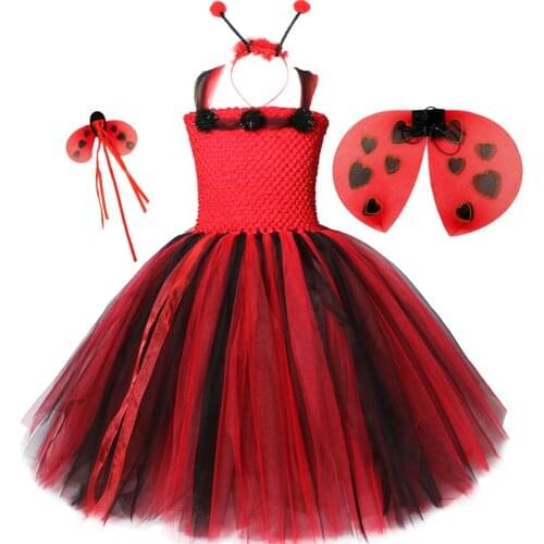 Spot Bug Girls Tutu Dress Girl Fancy Birthday Party Tulle Dress Wing Insect Lady Beetle Halloween Cosplay Costume for Kids 1-14Y