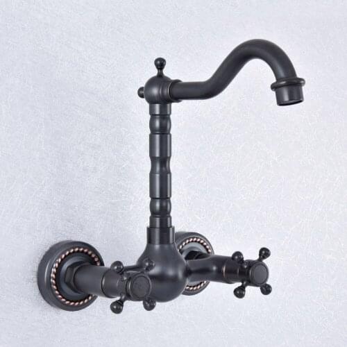 Kitchen Wet Bar Bathroom Vessel Sink Faucet Black Oil Rubbed Brass Wall Mounted Swivel Spout Mixer Tap Dual Cross Handles msf725