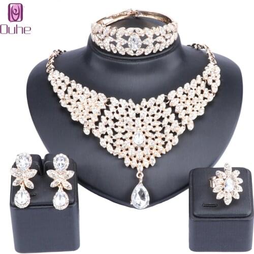 Moroccan style Statement Necklace Earrings Bangle Ring Set with Crystal Rhinestones Luxury Bride Wedding Jewelry sets