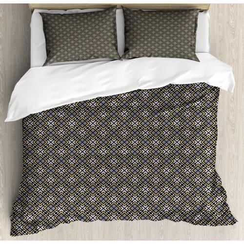 Abstract Duvet Cover Set Streaks Overlapping with Square Formations 3 Piece Bedding Set Mustard Grey