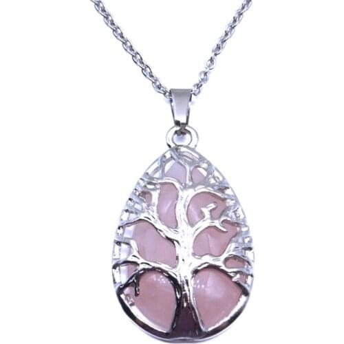 Tree of Life Necklaces Waterdrop Natural Stone Pink Quartz White Crystal Lapis Lazuli Tiger Eye Opal Pendants Jewelry