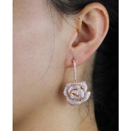 Luxury fashion women jewelry sparking bling clear cubic zirconia cz rose flower dangle drop earring