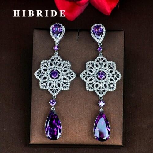 HIBRIDE Luxury Style Fashion Purple Cubic Zircon Earring For Women Brincos Jewelry Wedding Pendientes Mujer Moda E-830