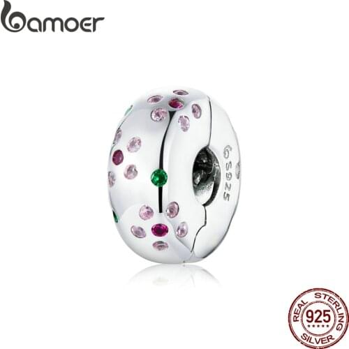 Bamoer Genuine 925 Stelring Silver Pink CZ Flower Clip Charm fit Original 3mm Bracelet for Women European Luxury Jewelry BSC245
