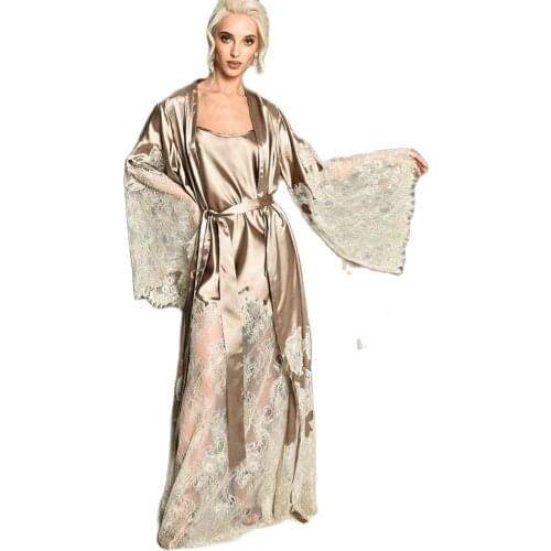 Two Piece Bridal Dressing Gown Women Sleepwear Honeymoon Lingerie Lace Robe Long Sleeve Bathrobe Nightwear Babydoll Boudoir