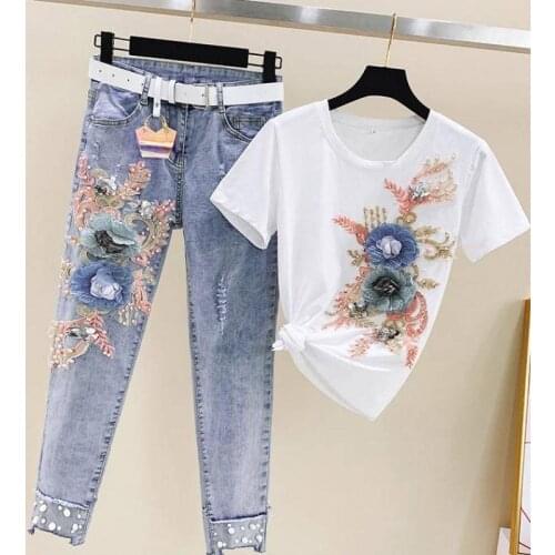 Summer Fashion Women Beaded Embroidery Flower T-shirts Short Sleeve + Hole Jeans Two Piece Sets Female Casual 2 piece set Suits