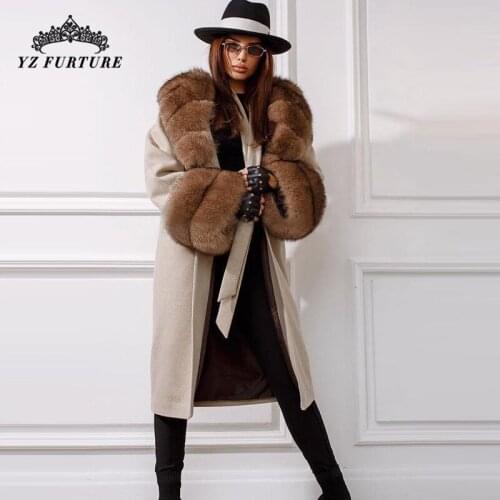 Fashion Wool Blend Long large Coat Jacket With Natural fox Fur Collar Genuine Leather Women Cashmere Coats Luxury Winter