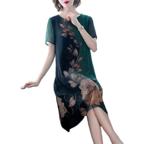 2021 Middle-aged Elderly Womens Mothers Summer Short-sleeved Dress Elegant Plus Size Over-the-knee Floral Chiffon Dress f701