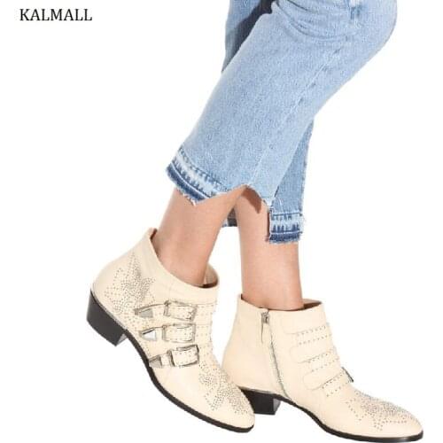 KALMALL Punk Style Buckle Strap Women Ankle Boots Studded Rivets Block Heels Short Boots Winter White Red Leather Women Boots