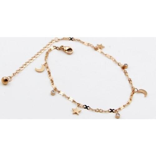 New Cute Beautiful Star Moon Crystal Anklet Titanium Steel 8 Shape Chain Rose Gold Woman Jewelry Length 20cm+5cm