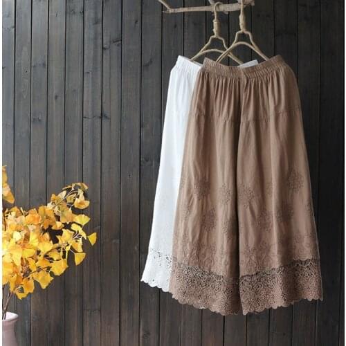 5634 Spring Summer Women Pants Vintage Embroidery Elastic Waist Wide Leg Pants Simple Women Cotton Thin Ankle-Length Pants