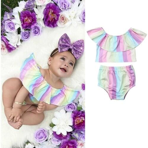 0-24M Toddler Infsnt Baby Girls Rainbow Top Ruffle Pants Brief Sunsuit Clothes 2PCS