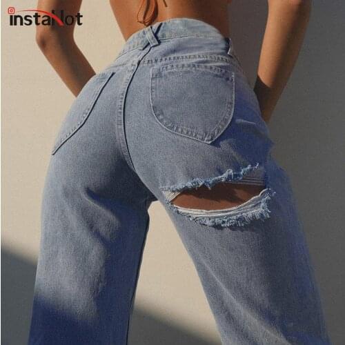 InstaHot Hollow Out Straight High Pant 2021 Women Casual Holes Sexy Vintage Jeans Denim Loose Streetwear Summer Fashion Trousers