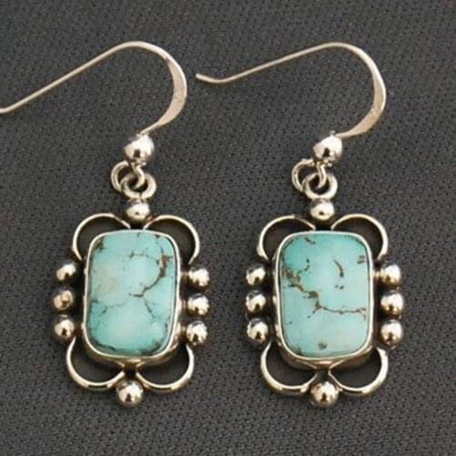 Classic Turquoises Stone Earrings Vintage Bohemian Antique Silver Color Metal Beads Ear Hook Hanging Earrings for Women