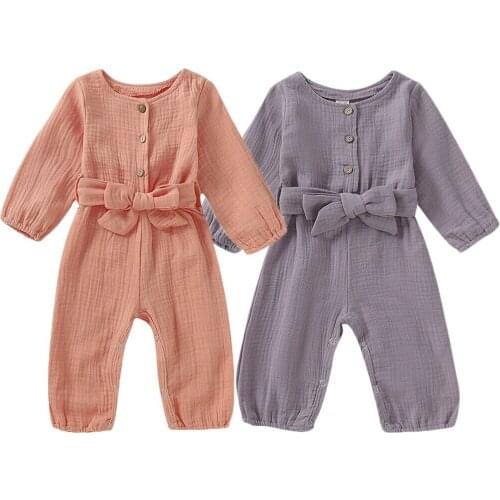 Newborn Baby Girls Boys Rompers Solid Long Sleeve Belt Linen Romper Jumpsuit Playsuit Girls Clothes Outfits