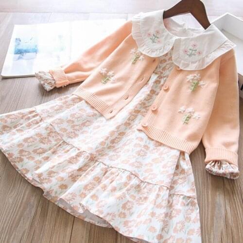 Girls sets 2021 fall new baby girls flower cardigan and floral dress 2piece set kids outfits wholesale