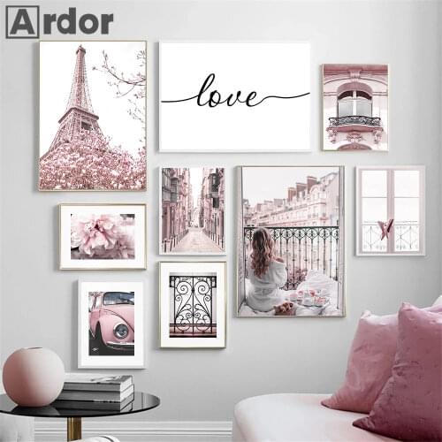 Fashion Pink Peony Eiffel Tower Wall Art Poster And Print Sexy Women Window Car Canvas Painting Romantic Living Room Home Decor