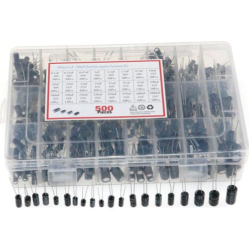 500PCS Electrolytic Capacitor Assortment Box Kit 0.1UF-1000UF 16V-50V 24 Values