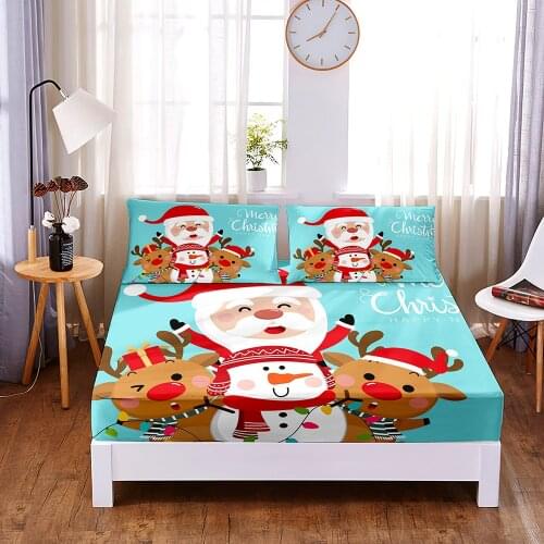 Christmas Group Digital Printed 3pc Polyester Fitted Sheet Mattress Cover Four Corners with Elastic Band Bed Sheet Pillowcase