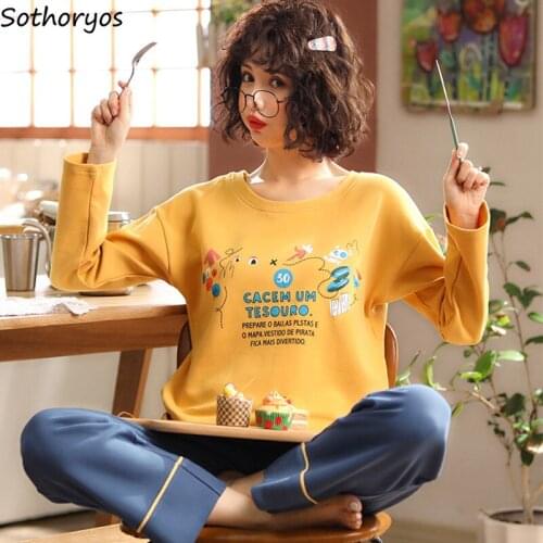 Pajama Sets Women New Spring Fall Plus Size 3XL Long Sleeve Korean Style Sweet Cute Loose Printed Round Neck Cotton Sleeping Top