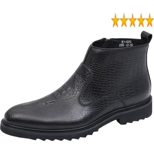 Fleece Lining Warm Mens Winter Genuine Leather Chelsea British Pointed Toe Zipper Thick Bottom Male High Top Ankle Boots
