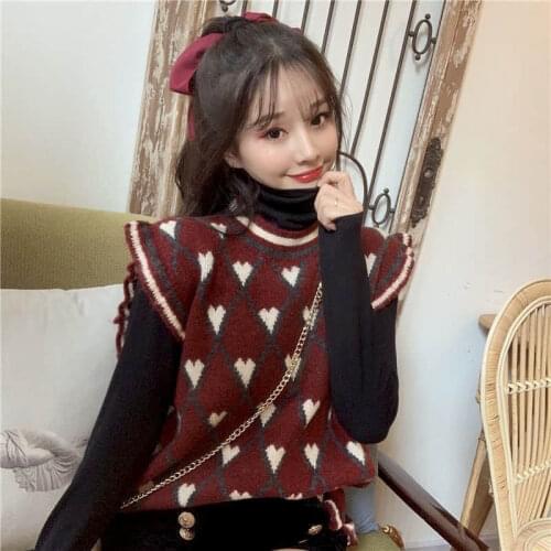 2021 Spring Autumn Sweater Knitted Vest Korean Top for Women Clothing Oversize Vintage Sleeveless Kawaii Harajuku O-Neck Pullove