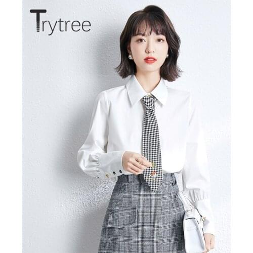 Trytree 2021 Spring Summer Women Blouse Casual Embroidery Plaid Tie Single Breasted Solid White Shirt Office Lady Tops For Women