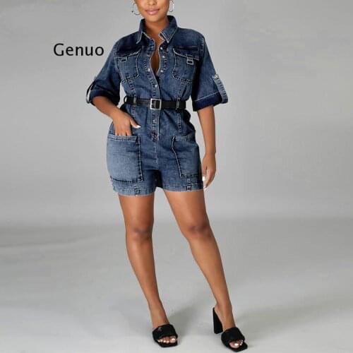 Women Button Down Pocket Design Denim Playsuits Chic Elegant Streetwear Jeans Rompers Playsuit