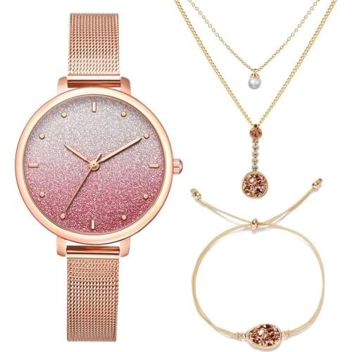 XSVO Ladies Fashion Innovation Watch Combination Gift Set Colorful Star Net Small Strap Quartz Watch + Shiny Necklace + Bracelet