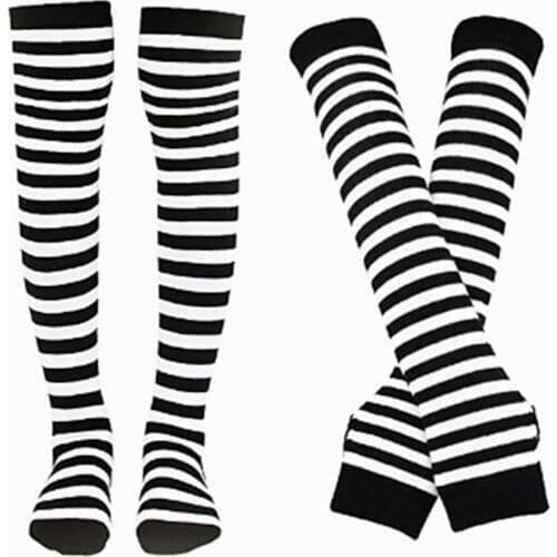 Womens Socks Striped Knee Socks Arm Warmer Glove Set Anime Style Striped Over the Knee Socks Fingerless Long Wristband Arm Cover