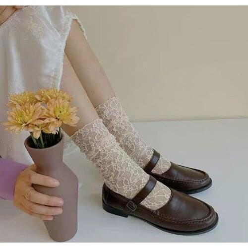 Women Girls Vintage Floral Lace Jacquard Calf Socks Japanese Lolita Maid Kawaii Sexy See-Through Mesh Hosiery Stockings