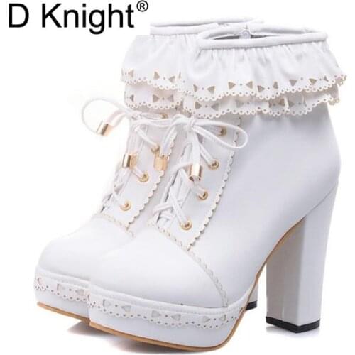 Women High Heels Winter Boots Sweet Girls Lolita Shoes Platform Thick Heels Ankle Boots Ultra High Heeled Women Motorcycle Boots