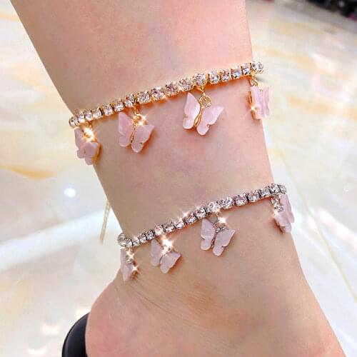 Flatfoosie Pink Butterfly Tennis Anklet Rhinestone Jewelry for Women Crystal Butterfly Pendant Anklet Summer Beach Foot Chain