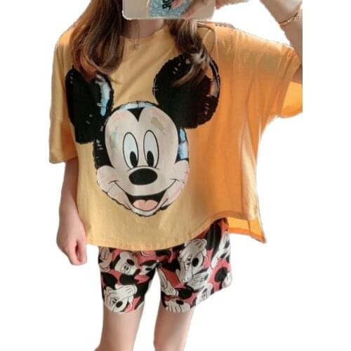 M-2XL Big Size Disney Mickey Mouse Pyjama Sets Women Summer Loose Tops and Print Mickey Shorts for Girls Loose Set Woman 2 Piece