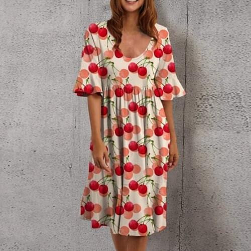 2021 Sexy V Neck Dress Middle Sleeve Women Sweet Chic Cherry Print Design Slim Aesthetic Dresses New