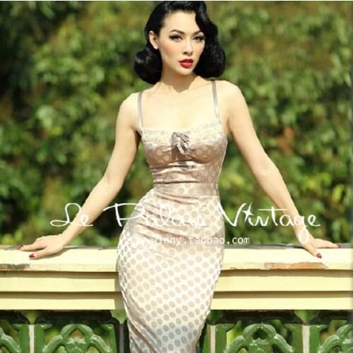 Le palais Elegant Sexy Vintage Hepburn Polka Dot Corset Style Nude Color Dress Shoulder StrapBow Slim Tube Top Dress Full Dress