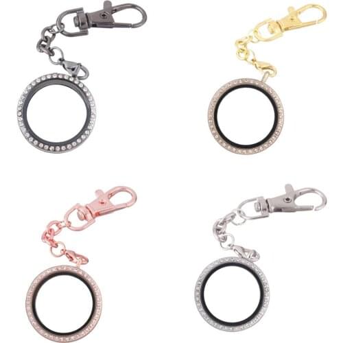 10pcs/lot 30mm Round With Rhinestones open locket Key Ring twist Memory Living Magnet Glass Keychains Locket for Floating charms