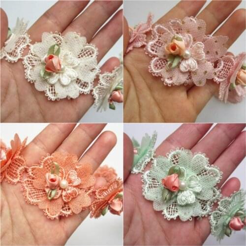 10x Pearl Beaded Flower Embroidered Lace Edge Trim Ribbon Floral Applique Patches Dress Fabric Sewing Craft Vintage LT0613