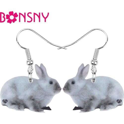 Bonsny Acrylic Gray Easter Hare Rabbit Bunny Pet Earrings Long Big Printing Animal Dangle Drop Jewelry For Women Kids Fun Gift