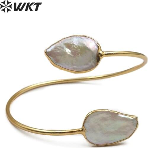 WT-B448 Double Freshwater Pearl Bangle Natural Pearl Jewelry In Teardrop Shape Adjustable Gold Bangle Pearl Cuff Wedding Bangle