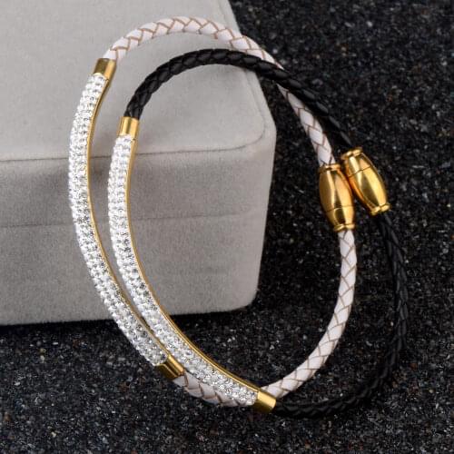 Chanfar Stainless Steel Leather Bracelet Rhinestone Setting Crystal Bangle Magnetic Clasp New Fashion Jewelry For Women Gift