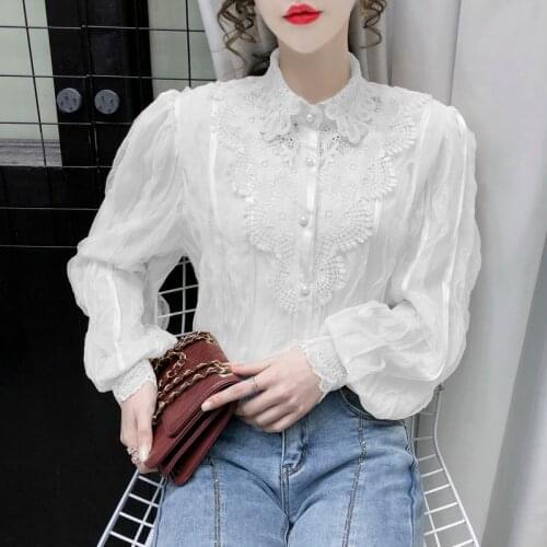 COIGARSAM Office Lady Full Sleeve Shirt Womens tops New Spring Solid Embroidery Women shirts Apricot White Pink 6193