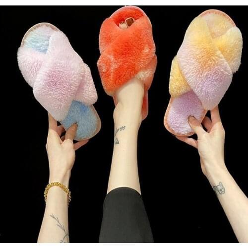 Home Plush Slippers Womens Autumn And Winter Fashion Light Luxury Color Matching Indoor Comfort Ladies Plush Open-Toed Slippers