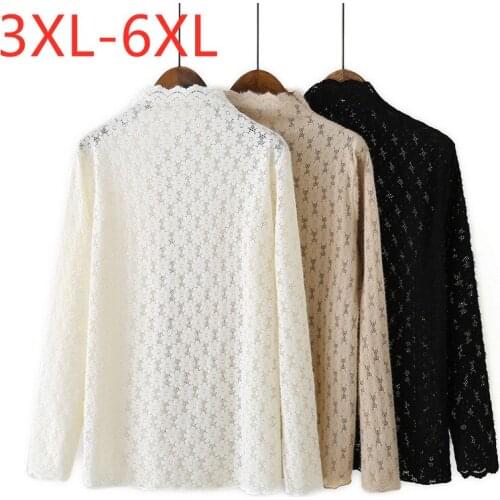 New 2021 Ladies Spring Autumn Plus Size Basic Tops For Women Large Long Sleeve Slim Elastic Lace Turtleneck T-Shirt 4XL 5XL 6XL