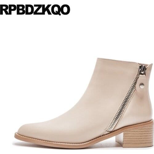 Custom Genuine Leather Short Fashion Fall Booties 2021 Block Women Ankle Boots Medium Heel Shoes High Chunky Pointed Toe Autumn