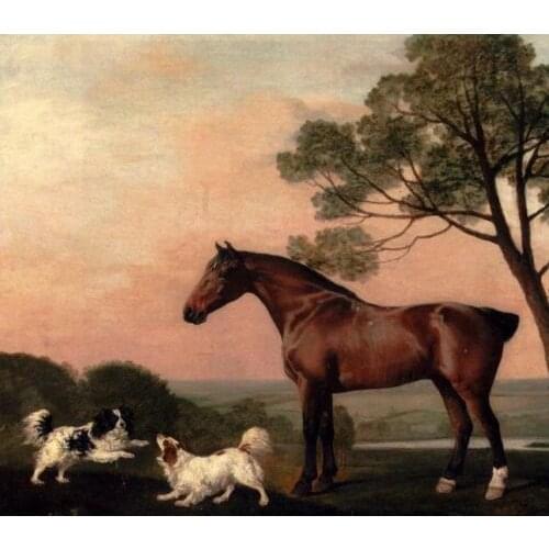 100%Handmade Oil Painting Hand Oil painting Stubbs, George - A Bay Hunter With Two Spaniels horse & dogs