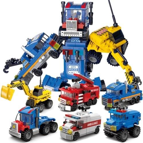 Cartoon Building Block Pull Back Car City Toys Figure Cute Truck Robot Engineering Car Ambulance Fire Police Tank Boy Gift