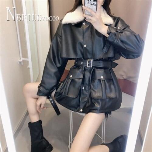2020 New Slim Waist Strap Women Pu Coat Autumn Winter Fluff Collar Pocket Female Jacket