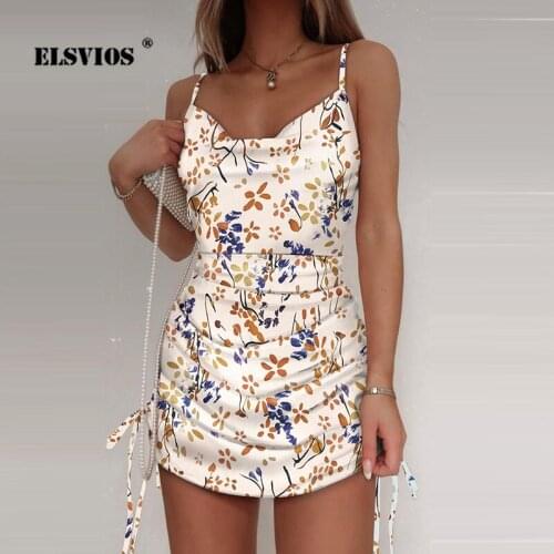 Summer Sexy Women Off-shoulder Draw String Floral Print Mini Dress Fashion Casual Sleeveless Bodycon Sling Dresses Beach vestido
